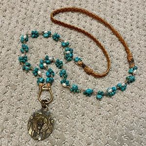 Cynthia Dugan Braided Leather Turquoise Pearl Bear Necklace